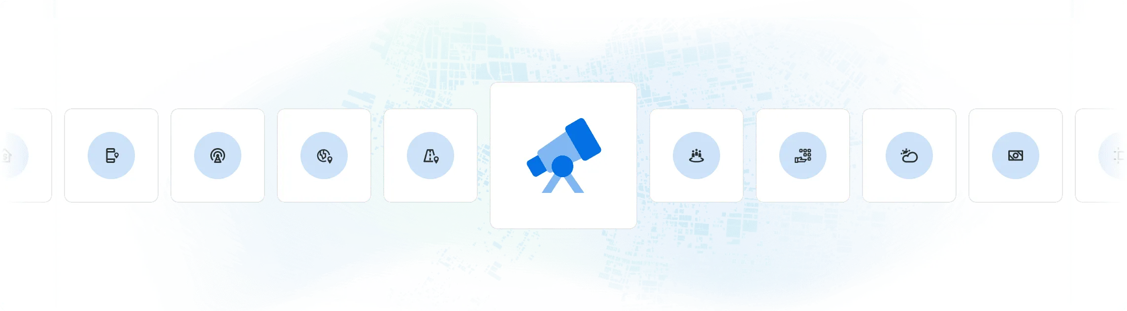 Illustration showing the Data Observatory icon (a telescope) surrounded by icons representing different types of datasets (demographic, environmental, behavioural, etc)