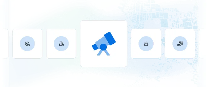 Illustration showing the Data Observatory icon (a telescope) surrounded by icons representing different types of datasets (demographic, environmental, behavioural, etc)