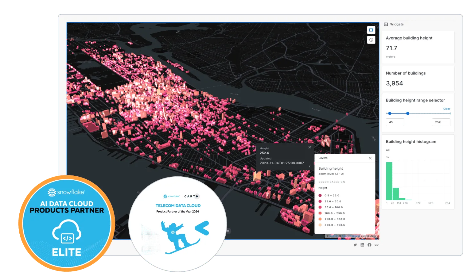 CARTO Builder screenshot with a AI Data Cloud Products Partner Elite Snowflake Badge and a Telecom Data Cloud Product Partner of the Year 2024 badge