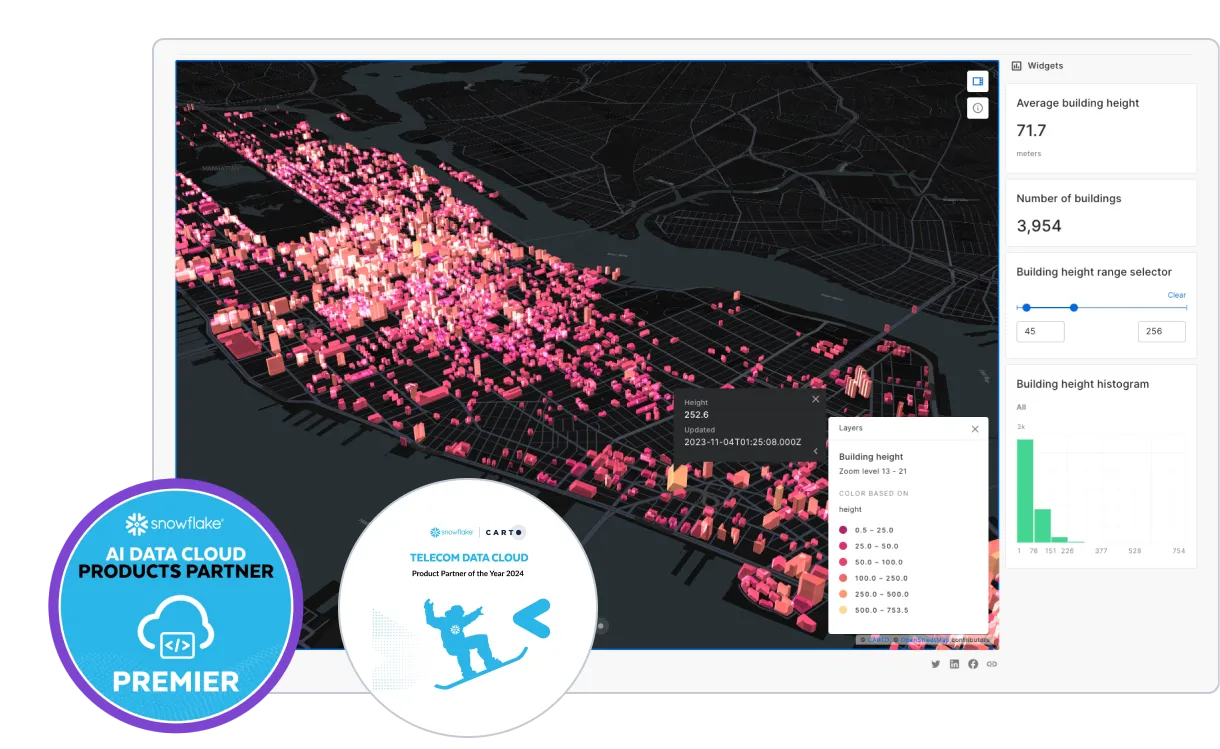 CARTO Builder screenshot with an AI Data Cloud Products Partner Premier Snowflake Badge and a Telecom Data Cloud Product Partner of the Year 2024 badge