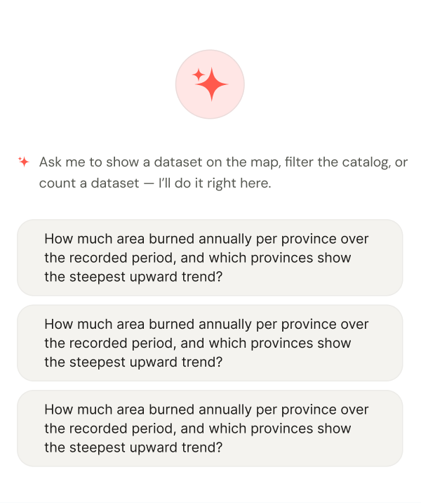 CARTO SDI assistant with example questions you can ask the catalog