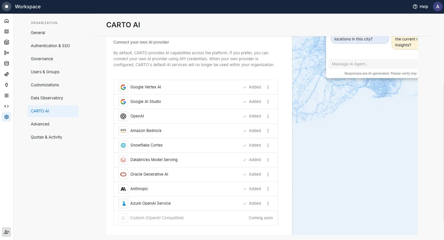 The CARTO AI settings in Workspace, showing the Connect your own AI provider list with Google Vertex AI, Google AI Studio, OpenAI, Amazon Bedrock, Snowflake Cortex, Databricks Model Serving, Oracle Generative AI, Anthropic and Azure OpenAI Service all added, and a custom OpenAI-compatible option marked coming soon