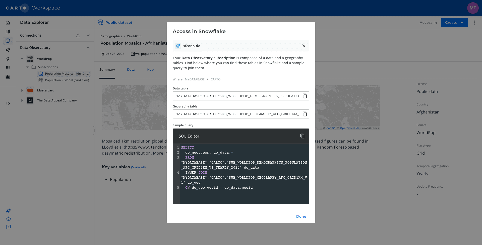 Screenshot of process to request access to Data Observatory subscriptions in Snowflake