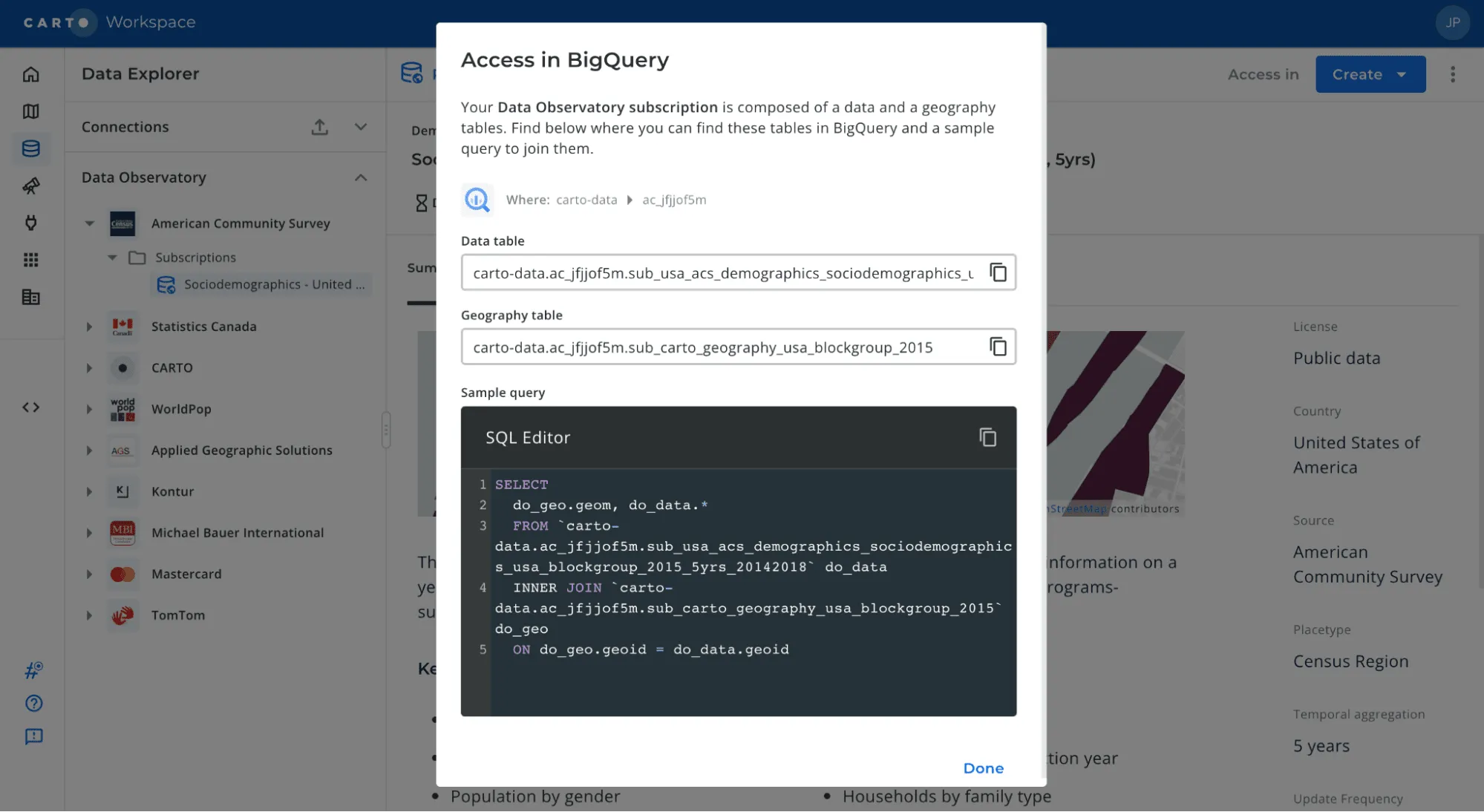 Screenshot of the Access in BigQuery dialog
