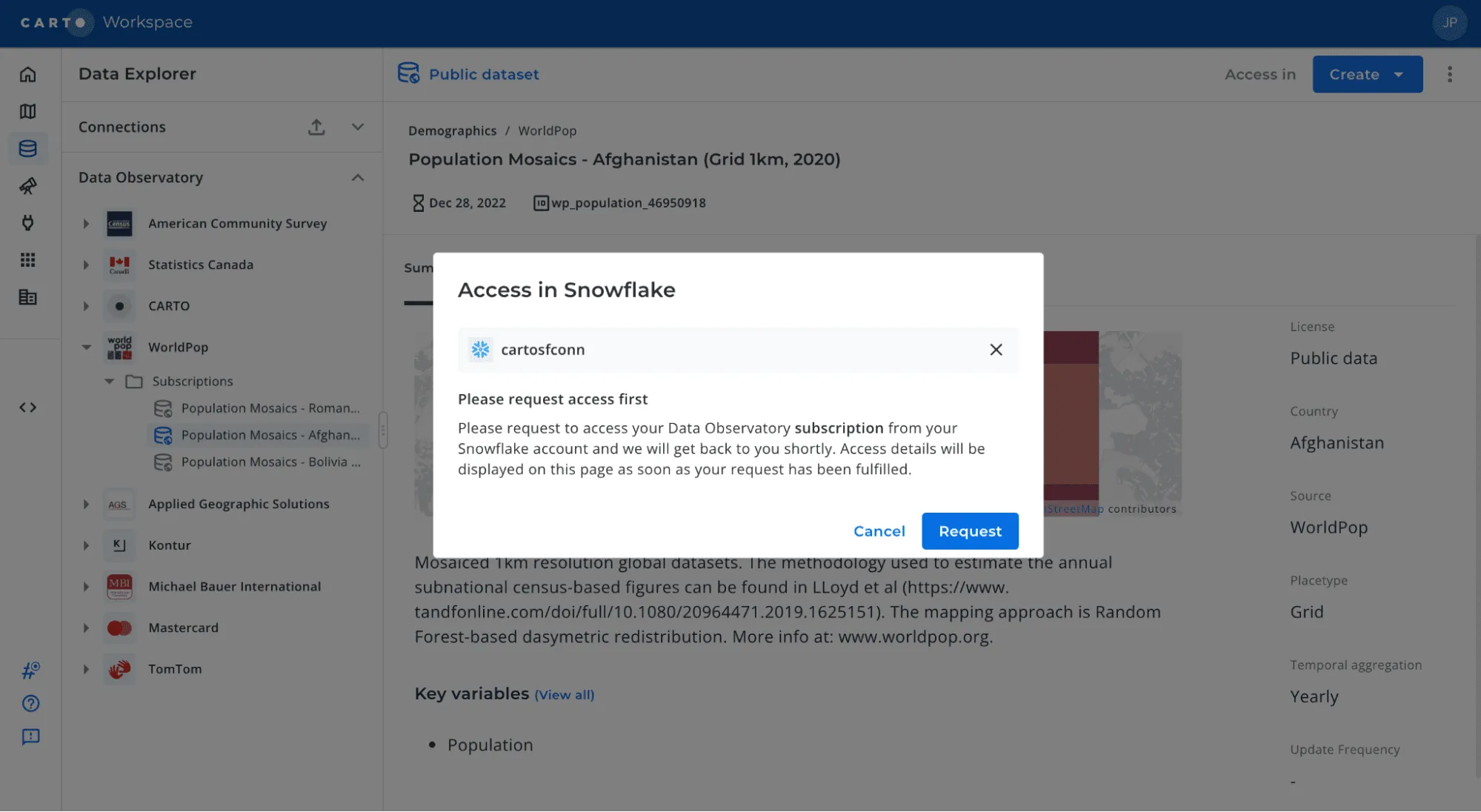 Screenshot of process to request access to Data Observatory subscriptions in Snowflake