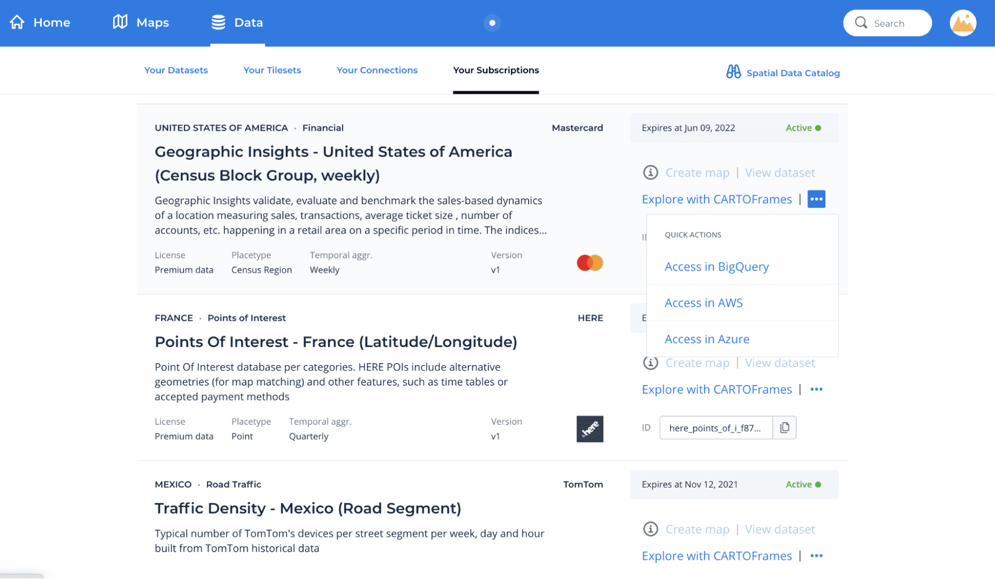 Screenshot of the Your Subscriptions tab within the Data dashboard