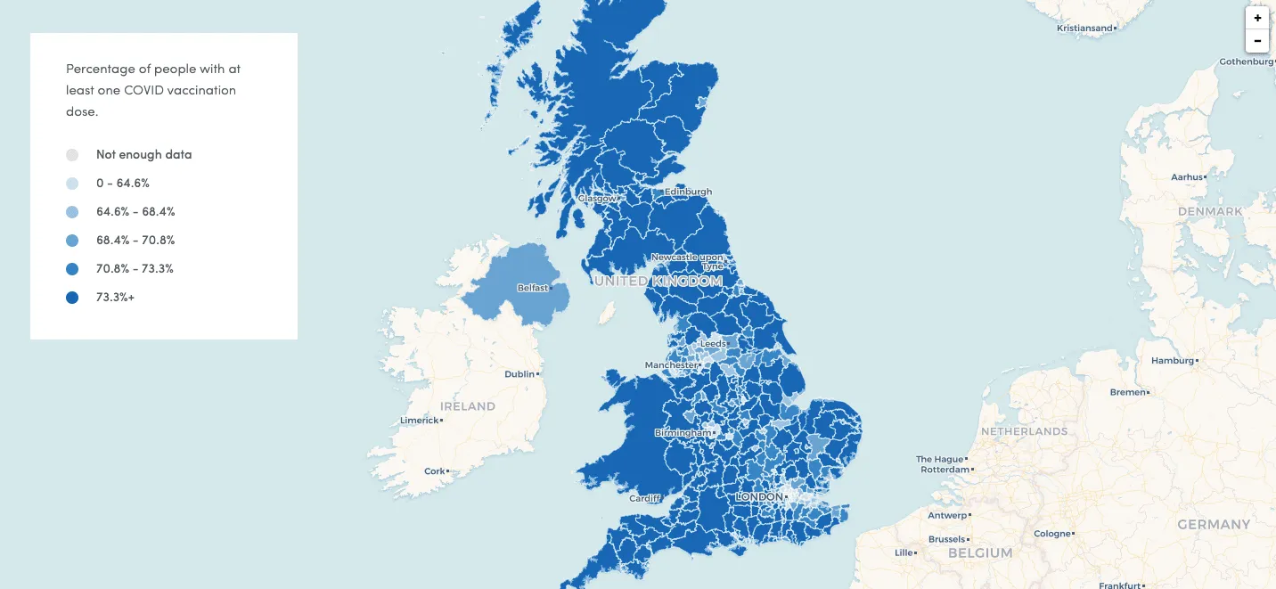 Screenshot of map showing vaccination progress in the UK