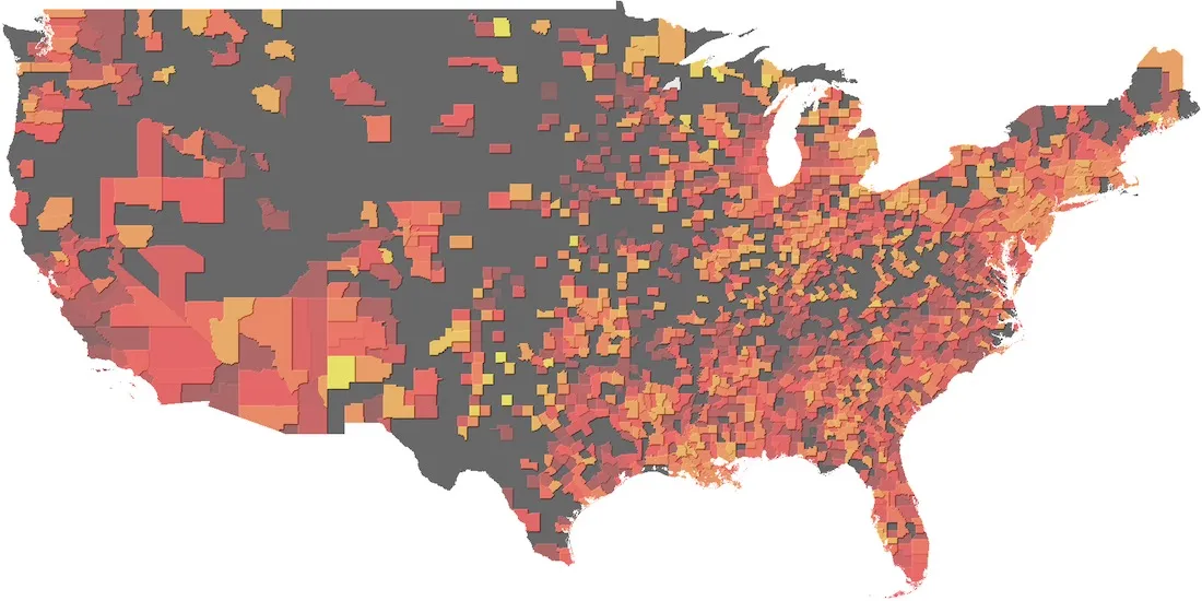 A map showing COVID-19 fatality rates by county