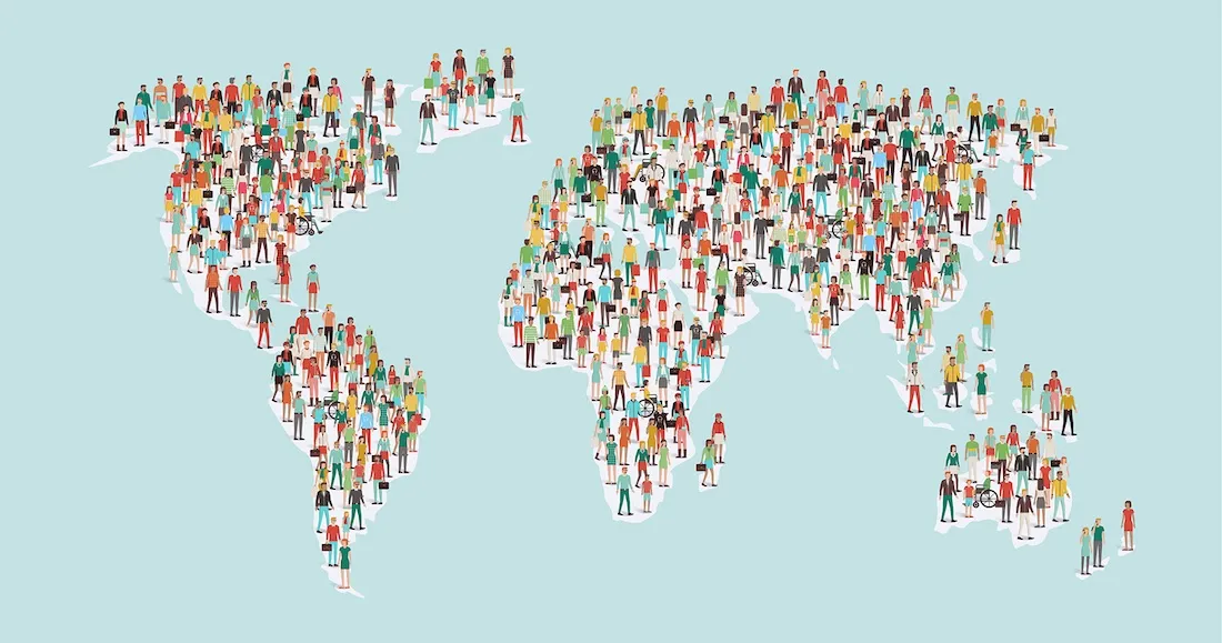 Graphic of world map labelled with a diverse range of people