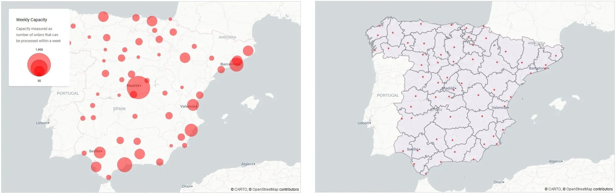 Figure 12: Distribution Centres | Locations and capacity (left panel)  and current operational areas (right panel)
