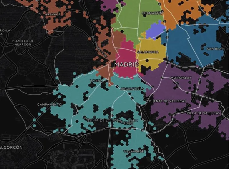 Financial services spatial analysis map of Madrid built with CARTO