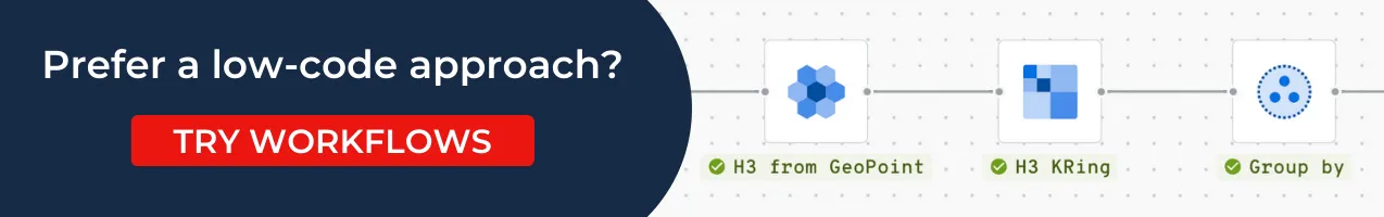 Banner promoting CARTO Workflows with the text "Prefer a low-code approach? Try Workflows" and a screenshot of an example workflow