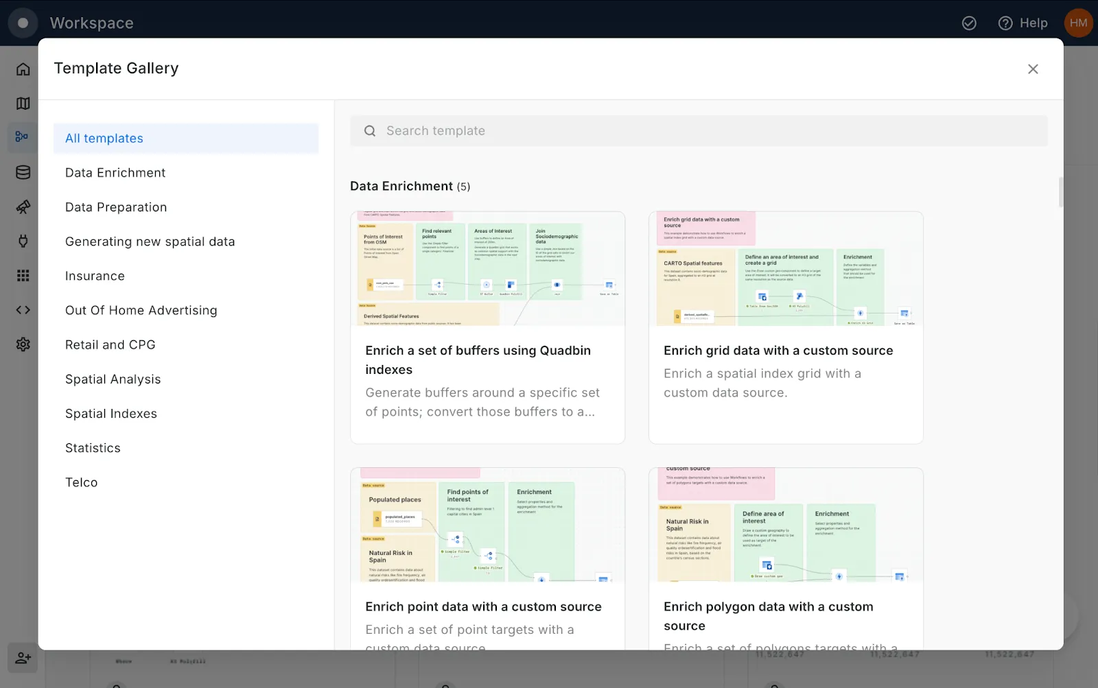 A screenshot of the CARTO template gallery