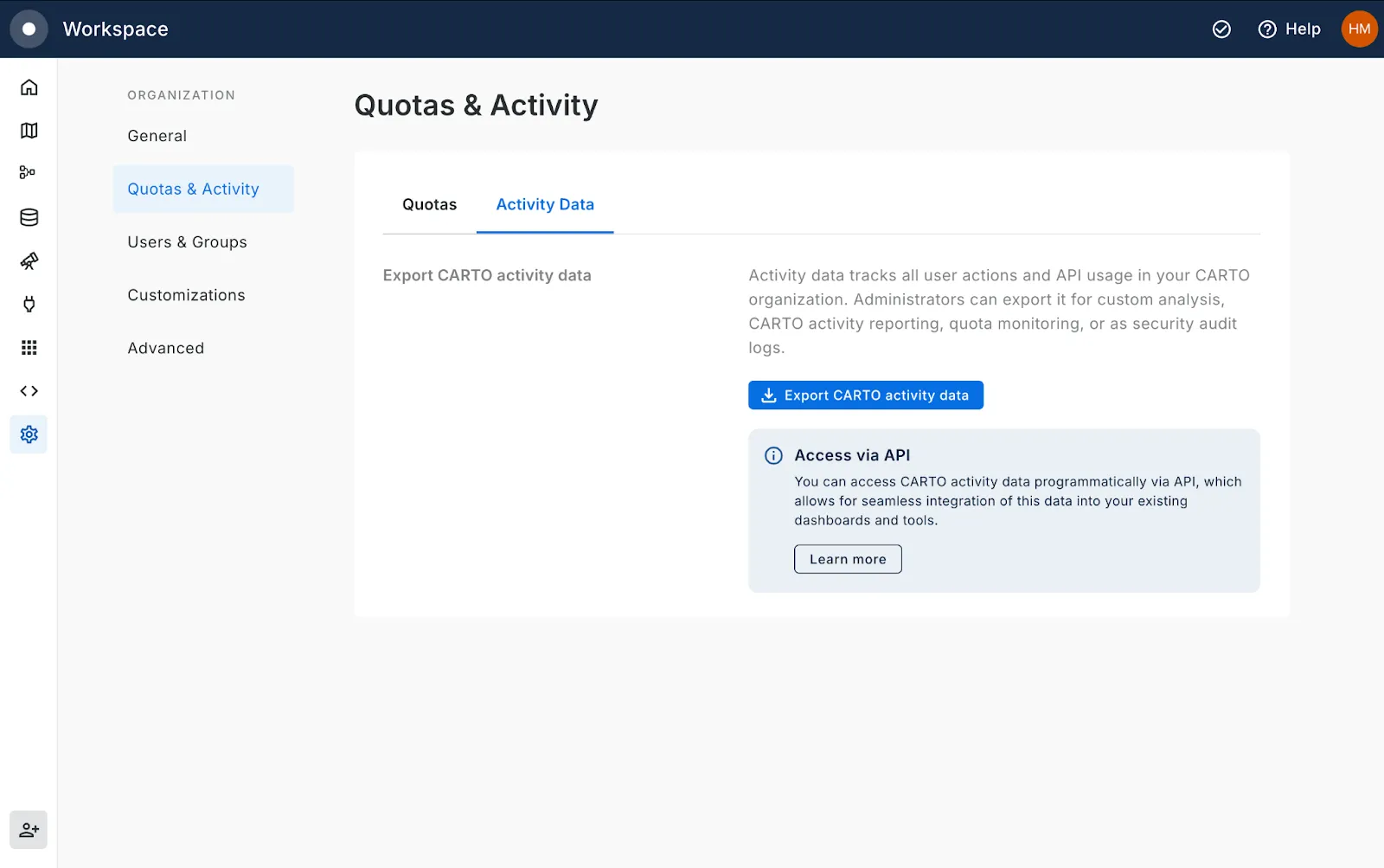 A screenshot of the CARTO Workspace