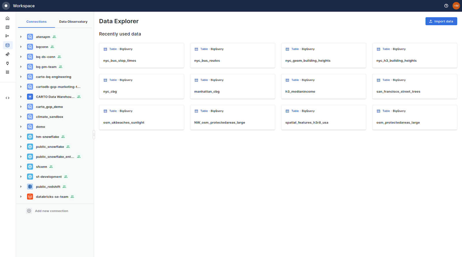 A screenshot showing the CARTO Workspace Data Explorer panel, with a blue button for importing data.