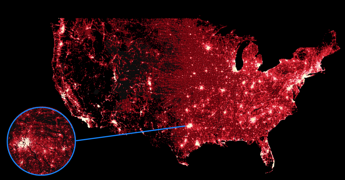 A map showing population density of the USA in a glowing red