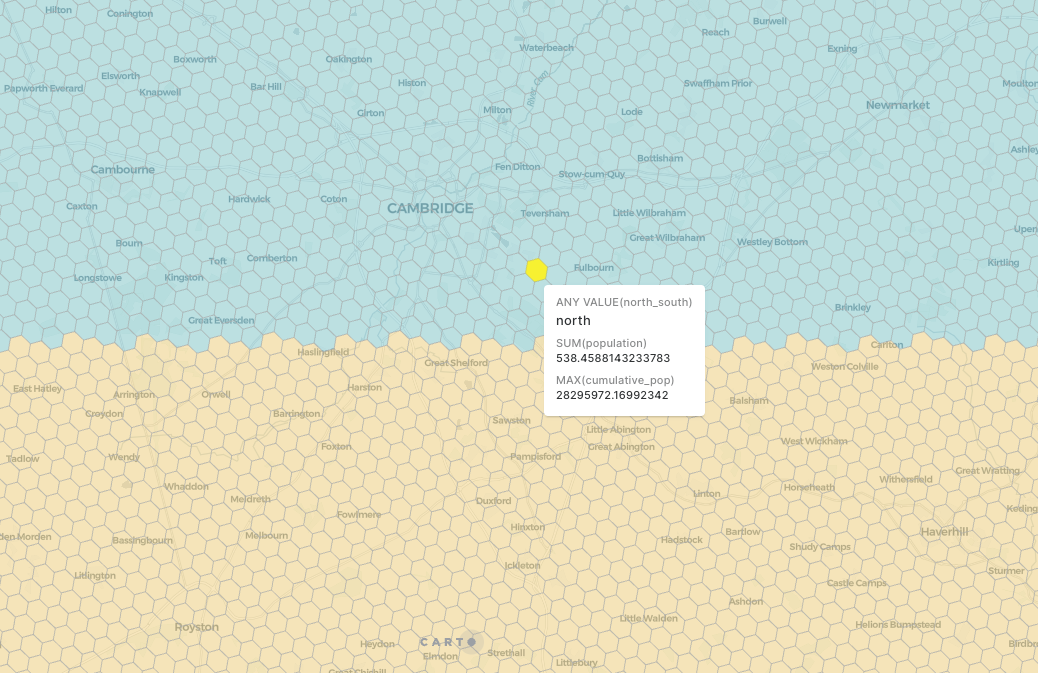 A map showing H3 cells. Cells in the top of the map are blue and show "the north" and cells in the bottom are orange and show "the south."