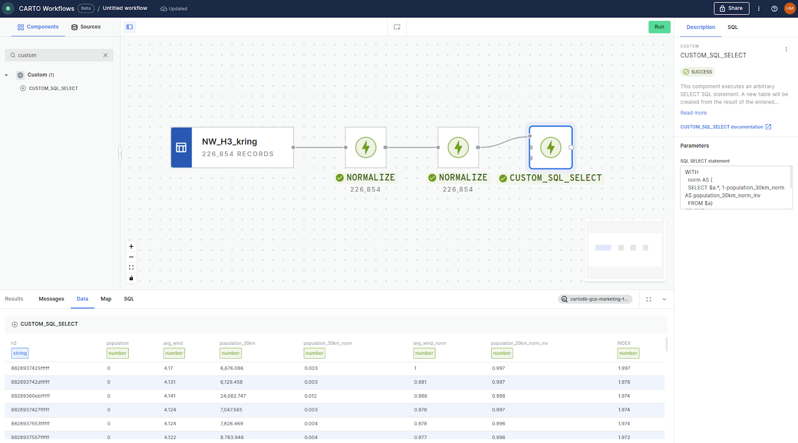 A screenshot of the normalization process in CARTO Workflows.