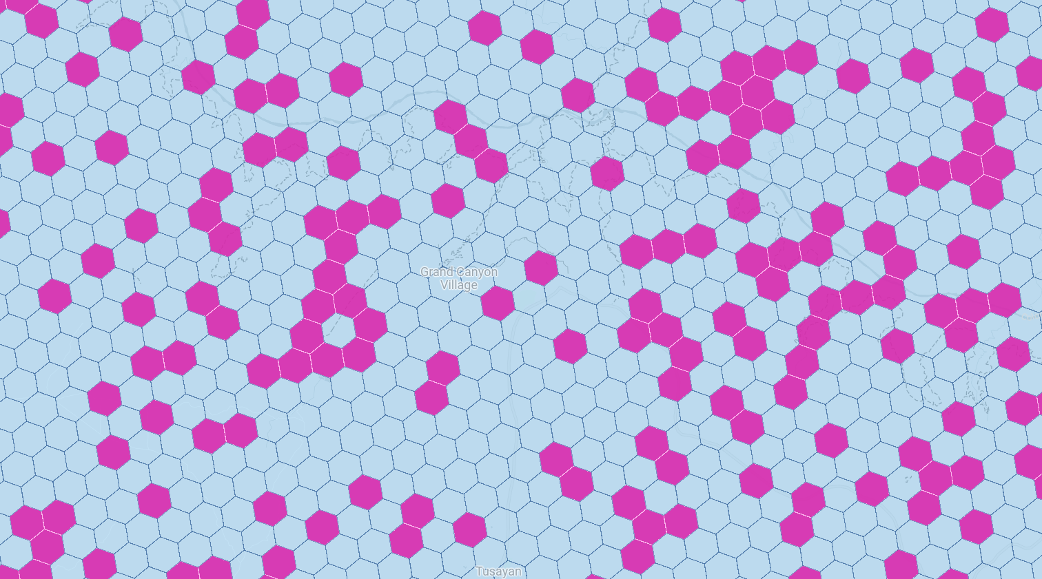 A map screenshot showing the sampling technique with roughly 80% blue hexagons and 20% pink hexagons.