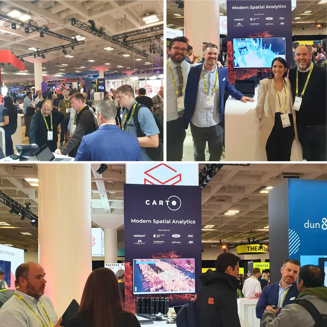 A collage of photographs of the CARTO booth at the Data+AI Summit