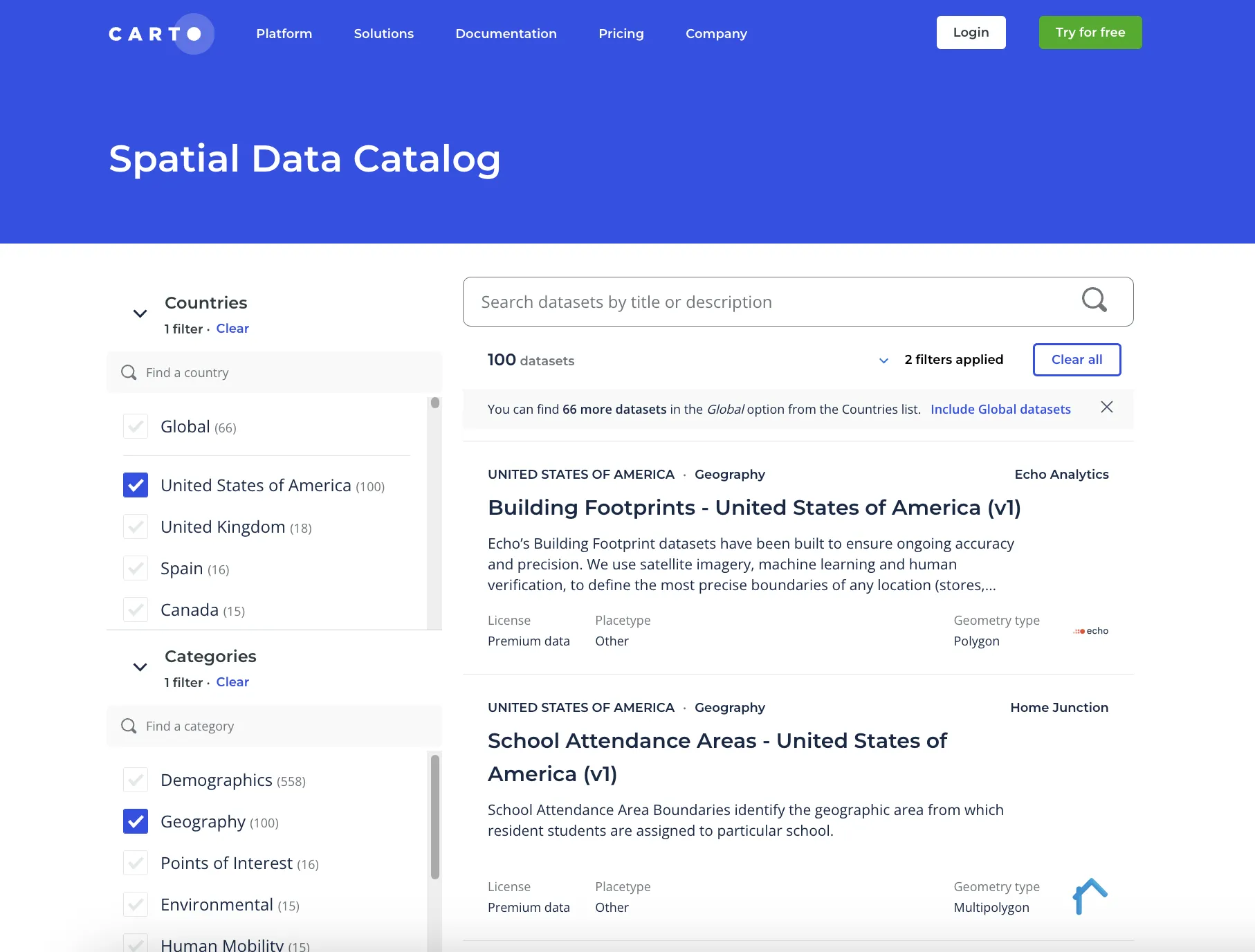 A screenshot of the CARTO Spatial Data Catalog