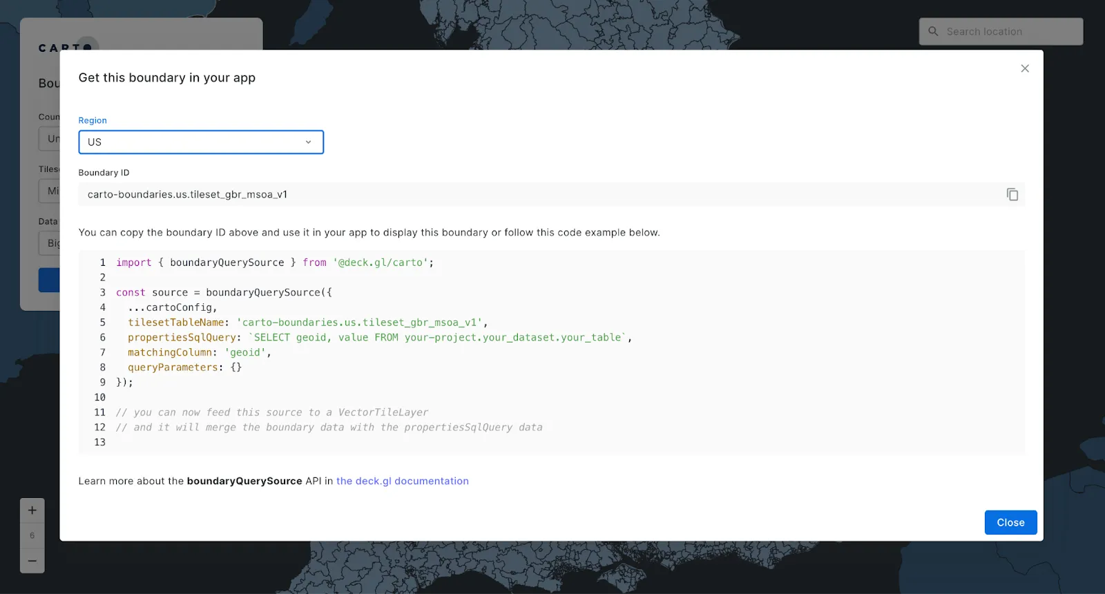 A screenshot of the CARTO Boundary Explorer with generated code