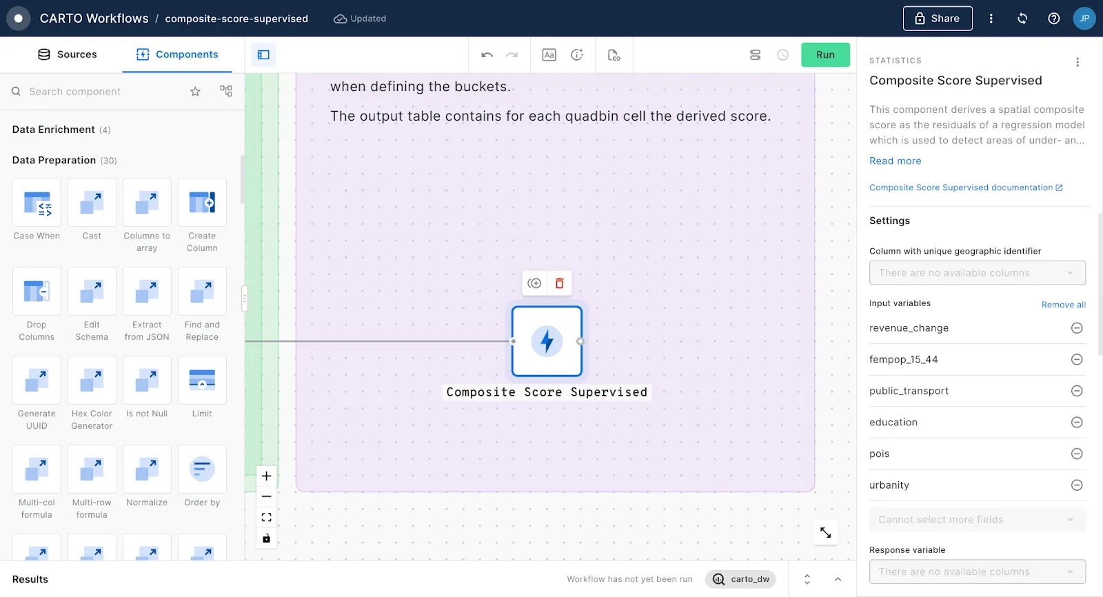 A screenshot of CARTO Workflows with the new Compose Score Supervised component