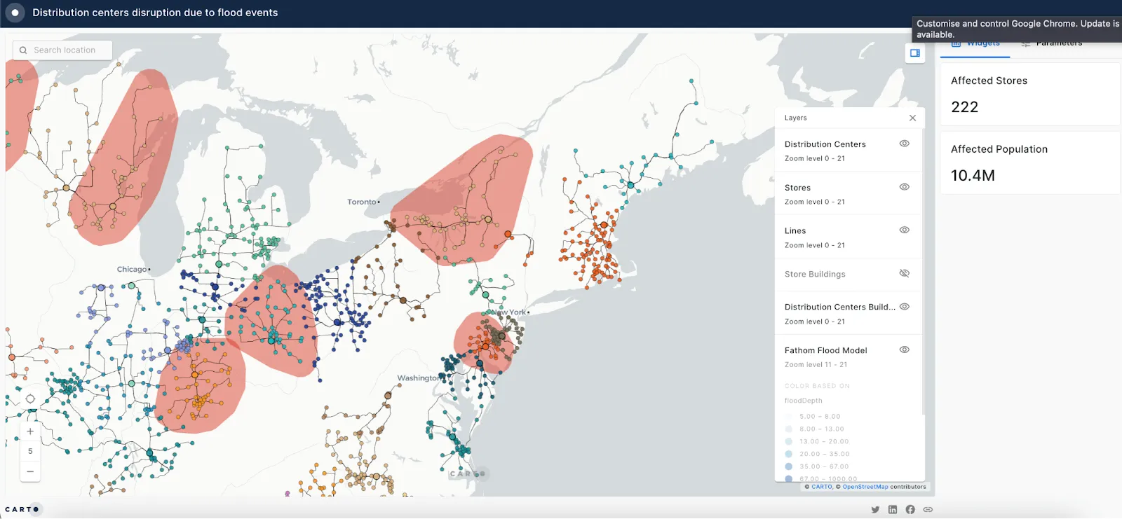A screenshot of CARTO being used for the use case Distribution Centers Disruption Due to Flood Events