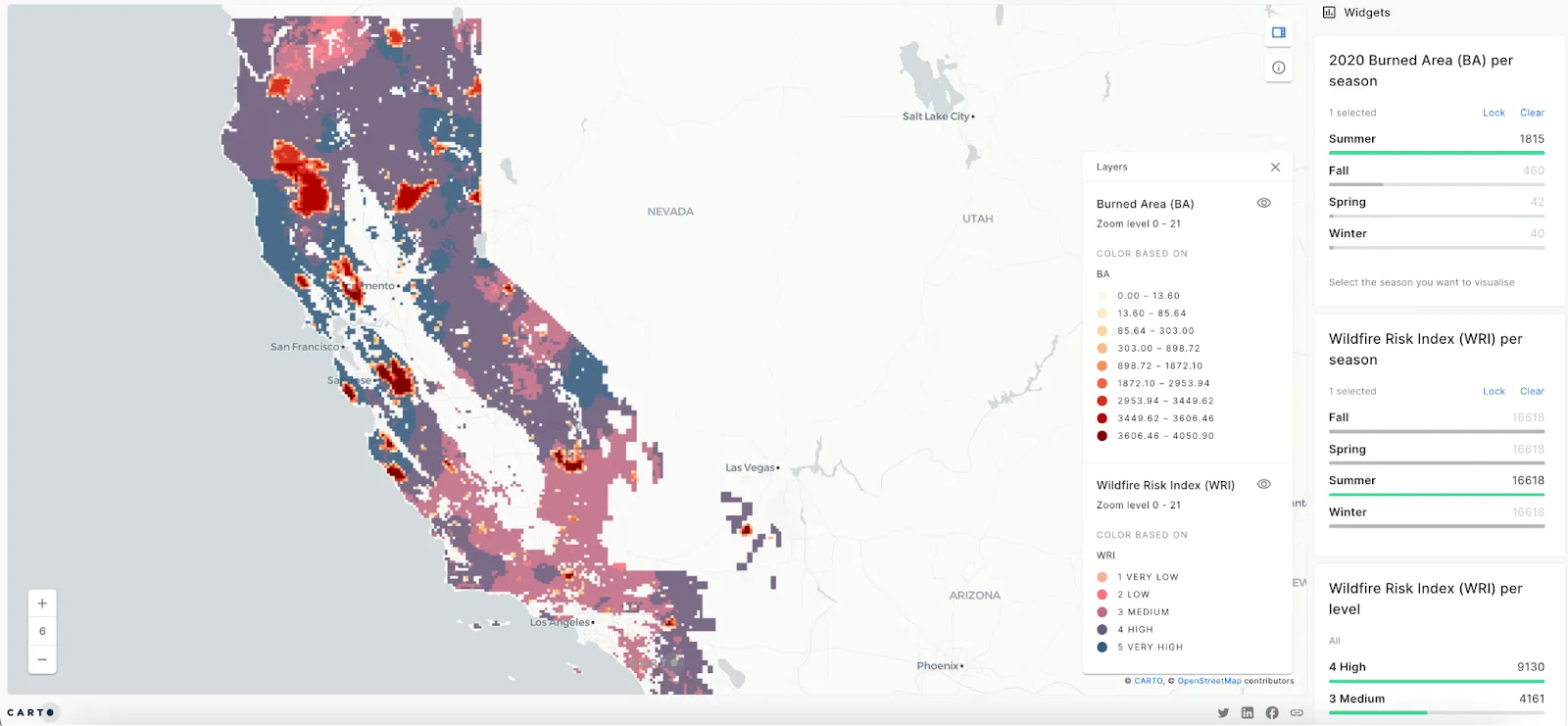 A screenshot of a CARTO map showing Seasonal California Wildfire Risk Index