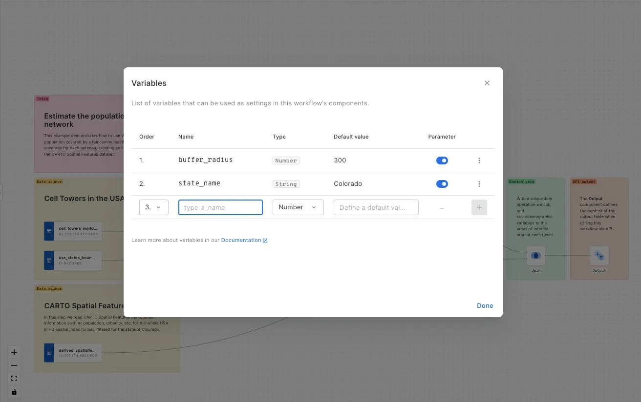An image showing a screenshot of CARTO workflows with the user setting the variables