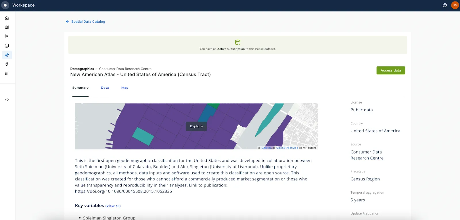 A screenshot of the CARTO Workspace data subscription screen