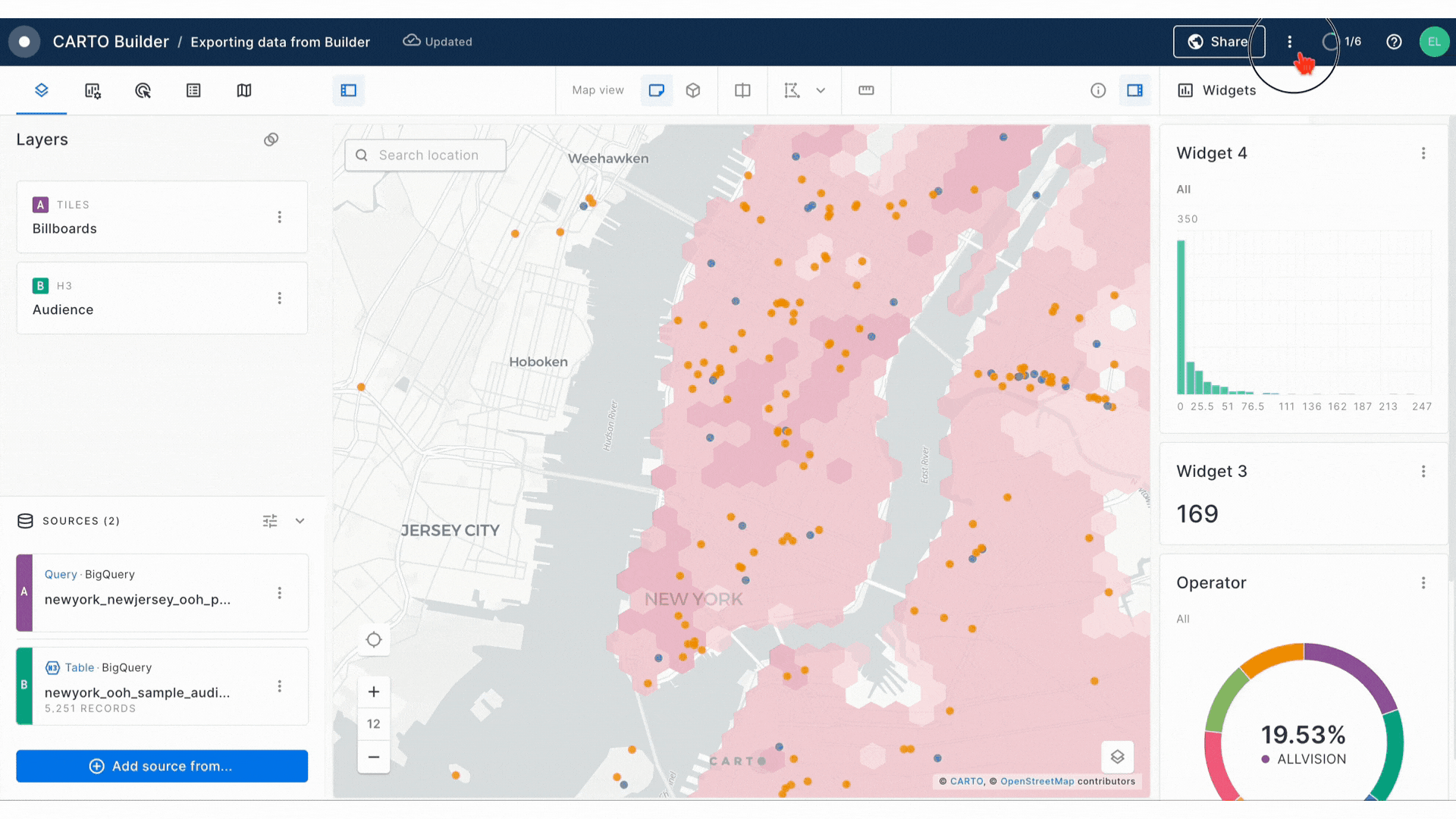 A gif showing how to export data from CARTO Builder