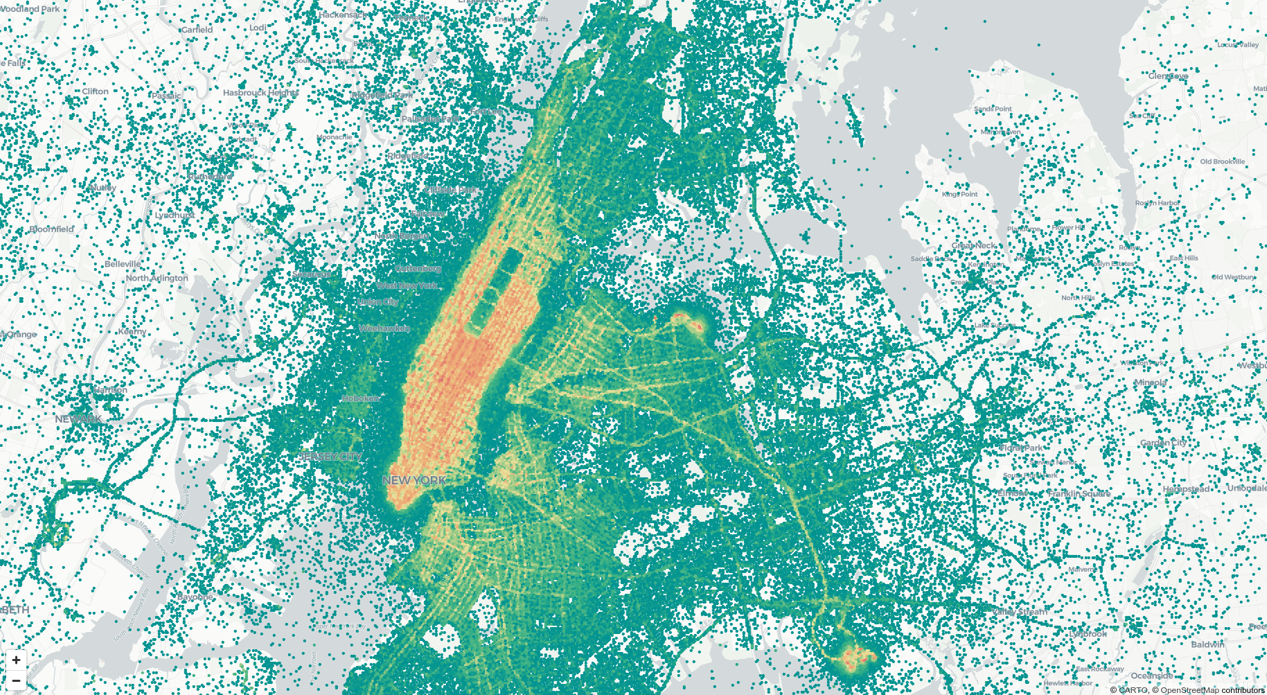 A map showing a tileset of taxi origins and destinations in NYC.