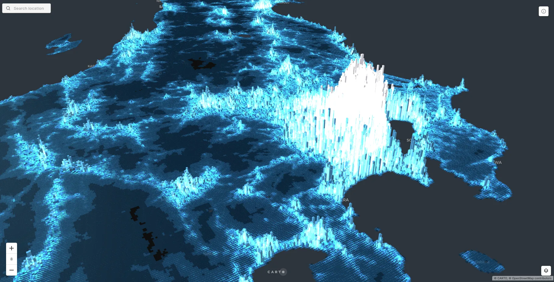 A 3D map showing population density around Tokyo, Japan