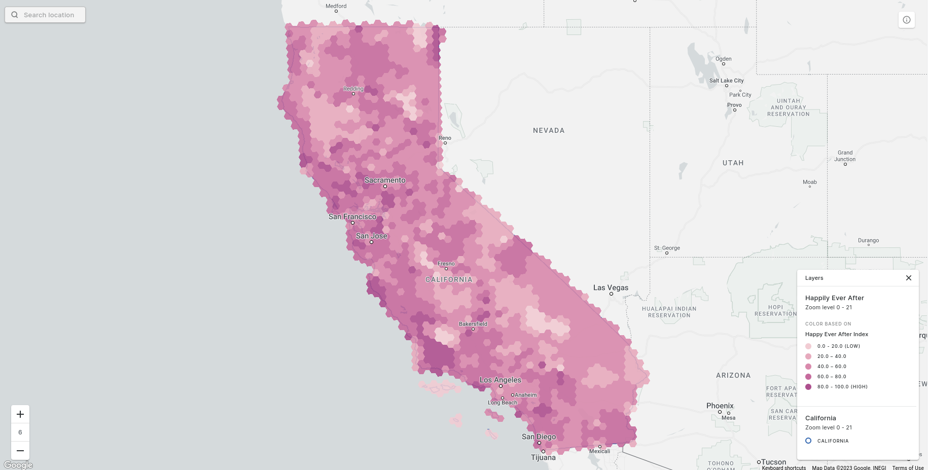 A map showing the spatial distribution of the Happily Ever After Index across California