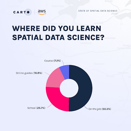A pie chart showing the % of survey respondents who learned Spatial Data Science in different ways: 50.3% on the job, 25.7% at school, 16.8% in online guides and 7.2% at a different course.
