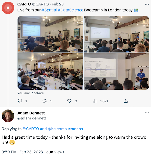 A screenshot from Twitter with Adam Dennett saying "Had a great time today - tanks for inviting me to warm the crowd up"