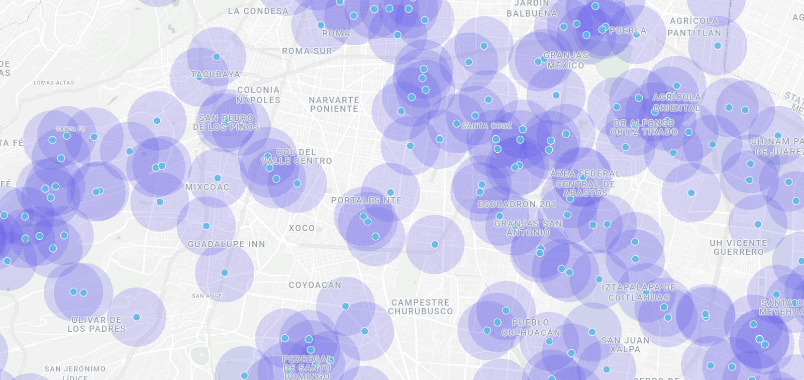 A map showing 800 meter buffers as purple circles