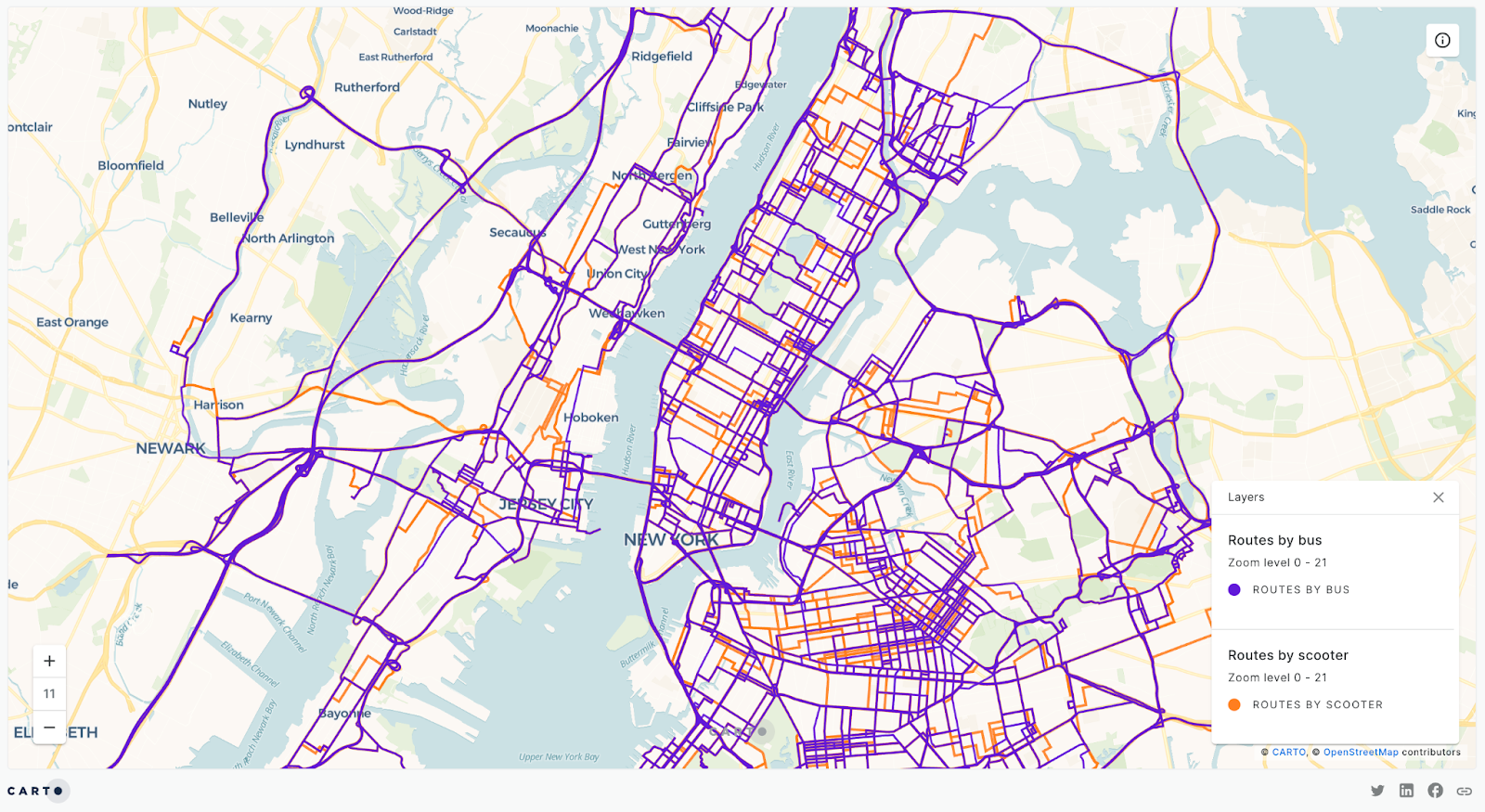A screenshot of a map showing routes around NYC