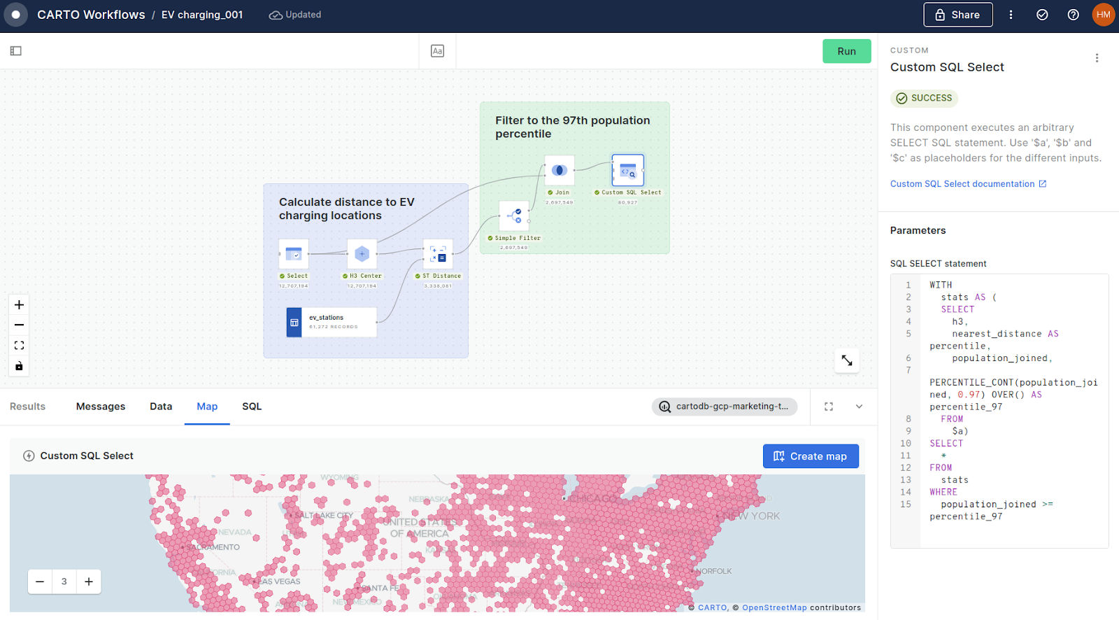 A screenshot of a CARTO Workflow with a map and Custom SQL preview.