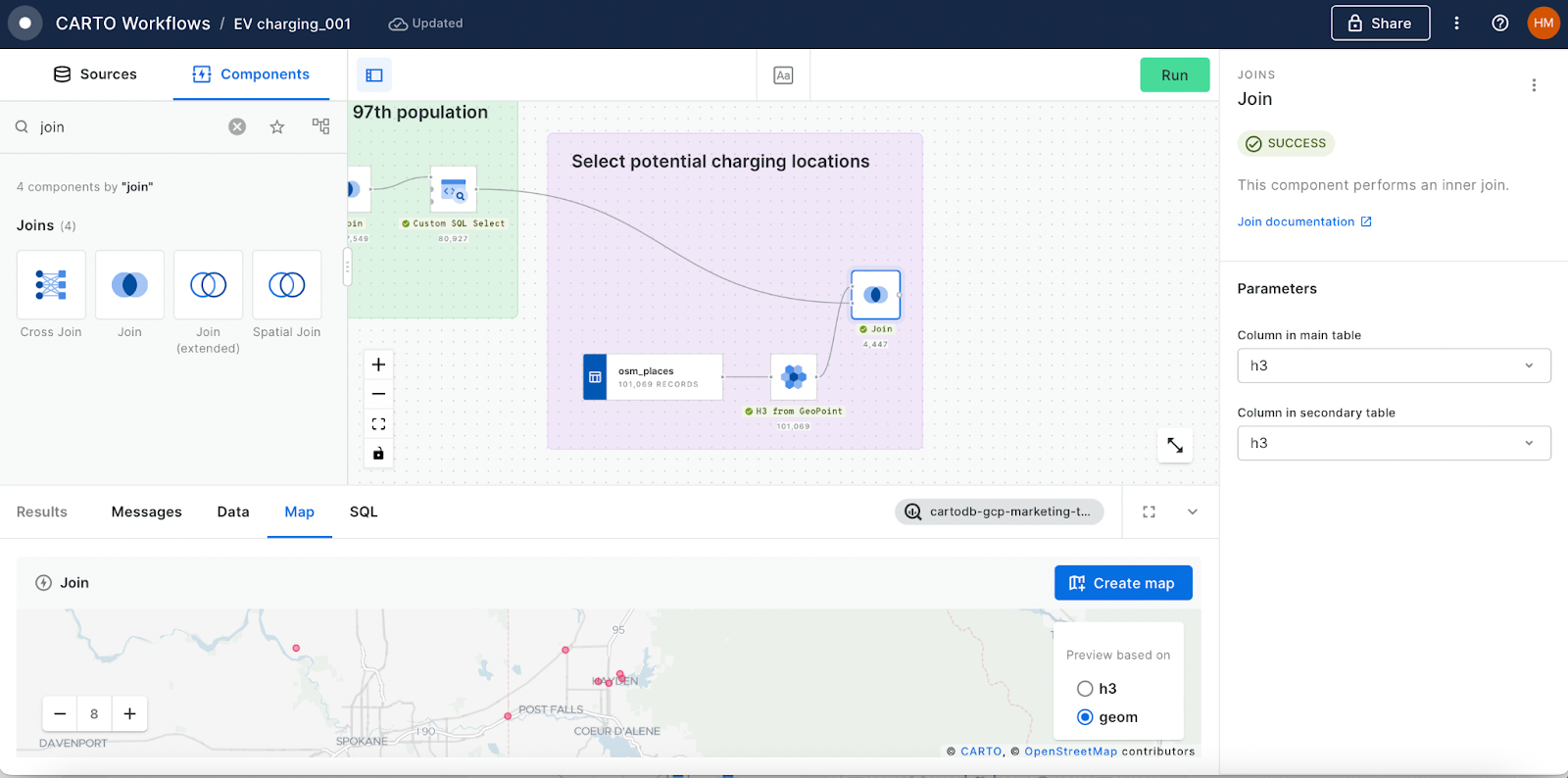 A screenshot of a Workflow with a preview of a map and a join component.