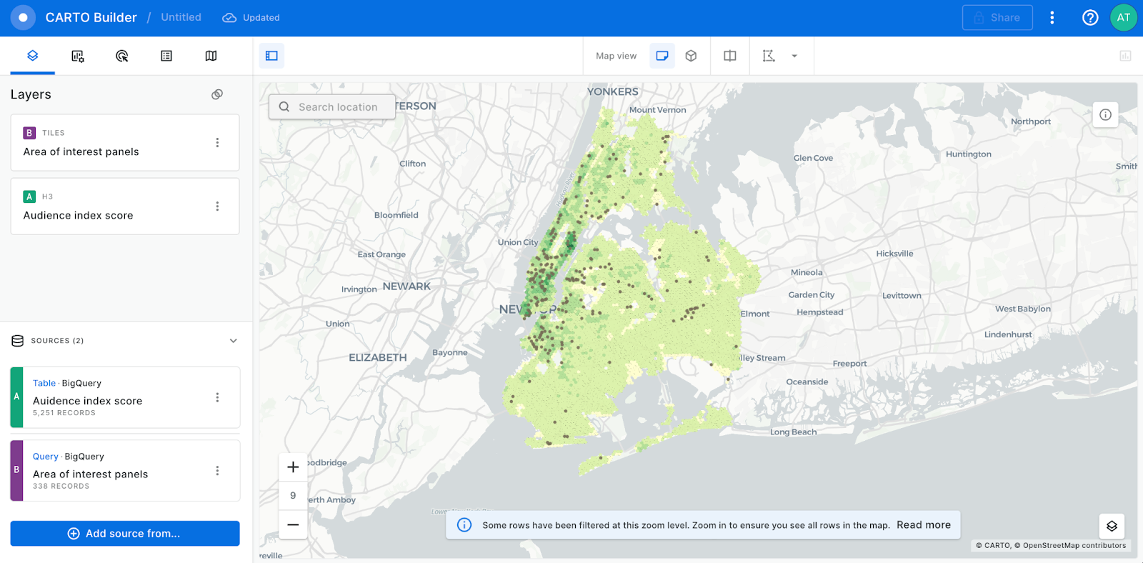 A screenshot of CARTO showing areas in New York coloured by their Audience Index Score, illustrating what geosegmentation is.
