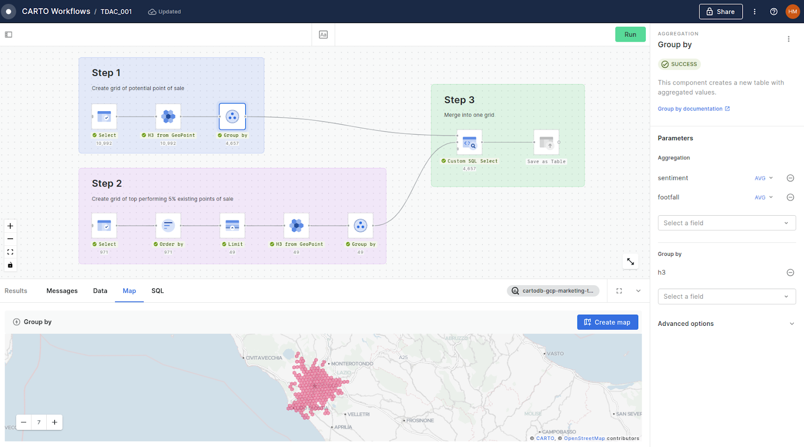 A screenshot showing CARTO Workflows with a map preview