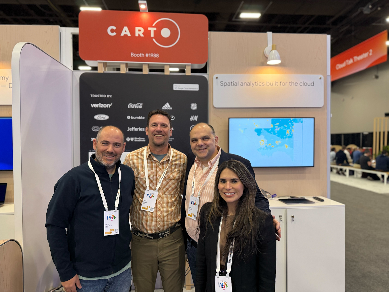 A photograph of the CARTO team at the Google Next CARTO Booth