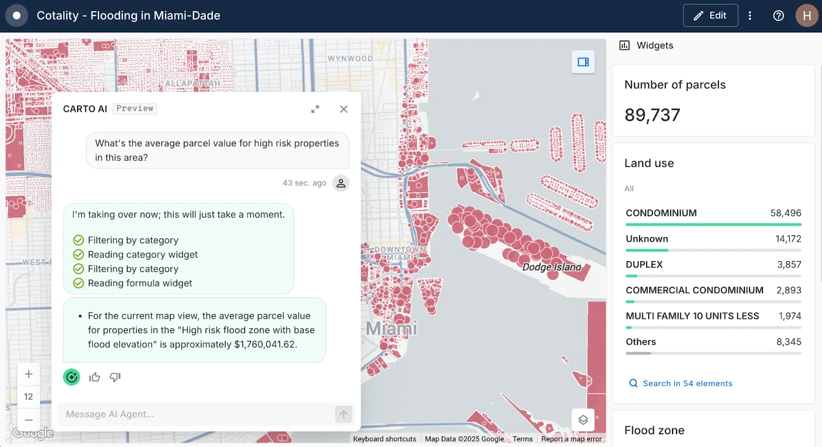 A screenshot of CARTO Builder with AI Agents