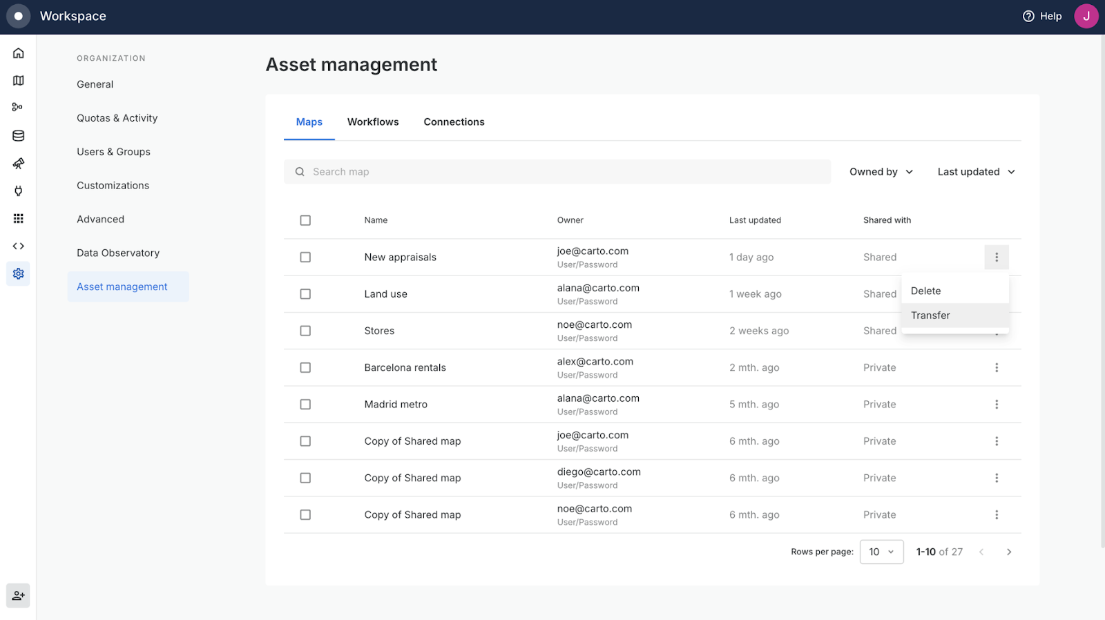 A screenshot of the CARTO Workspace
