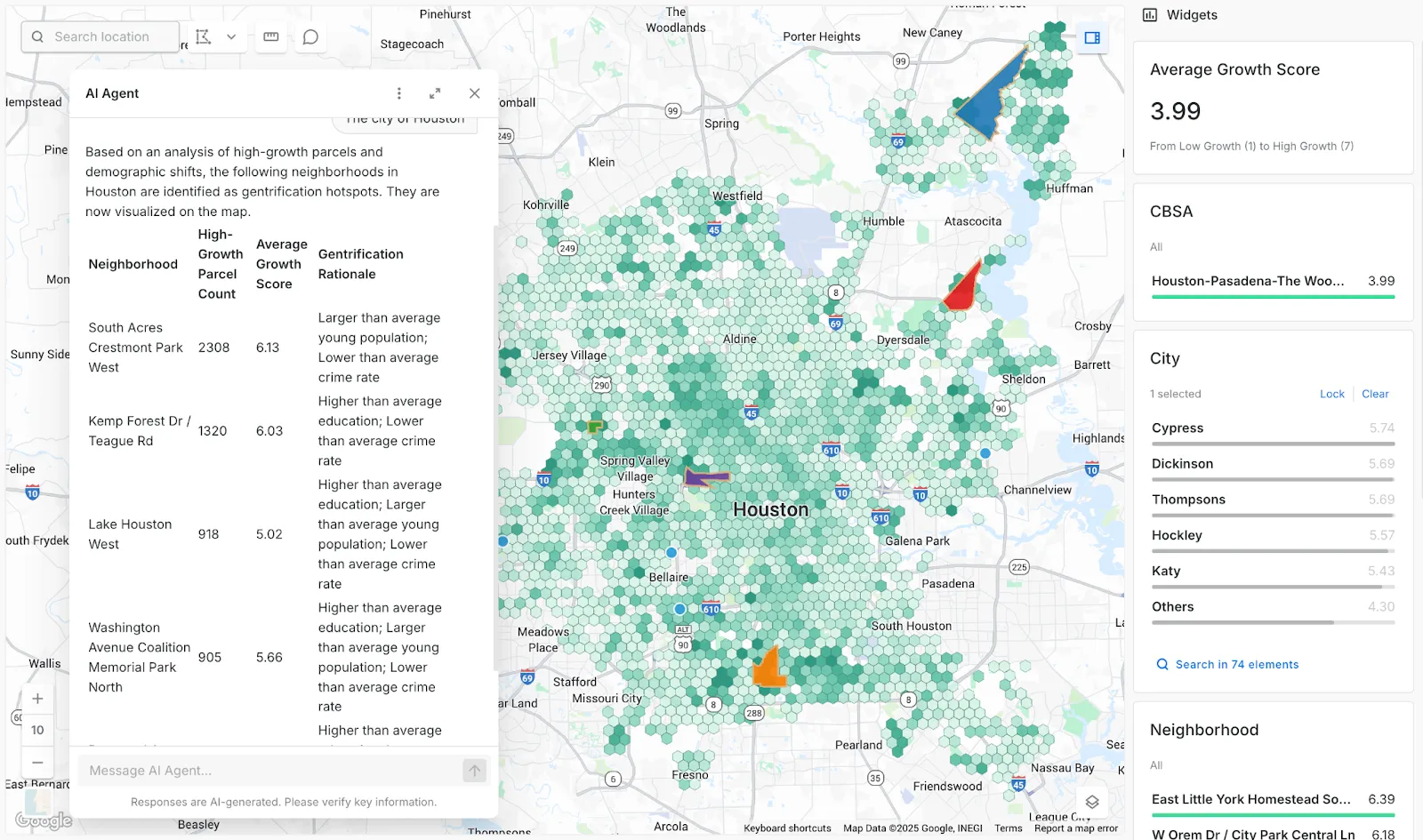 CARTO AI Agent answering a spatial query about gentrification hotspots in Houston, with results shown on an interactive map