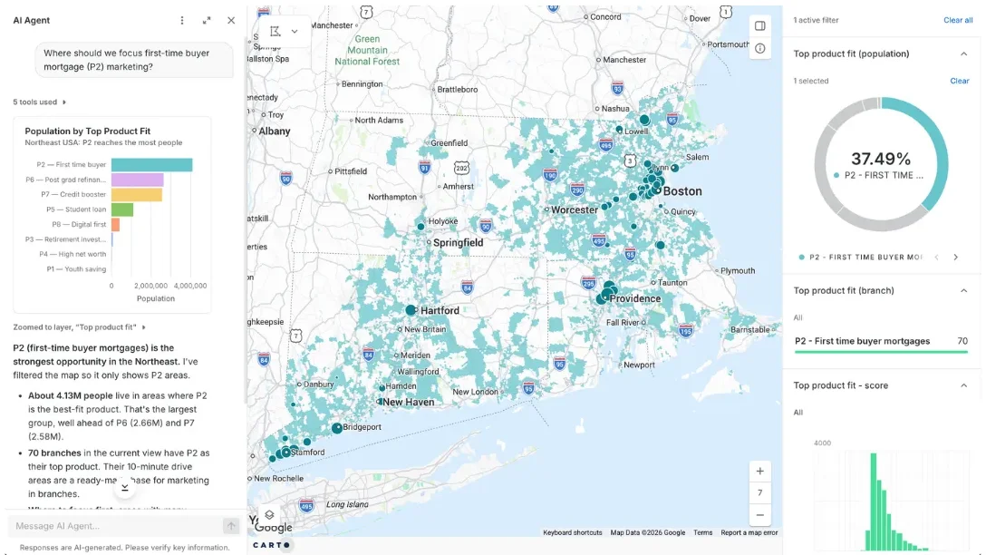 A CARTO AI Agent answering where to focus first-time buyer mortgage marketing, with a chart and the matching areas highlighted on a map of the Northeast US