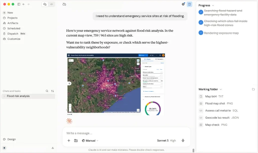 Claude using CARTO to find emergency service sites at risk of flooding in Texas, showing its progress steps and the resulting CARTO Builder map