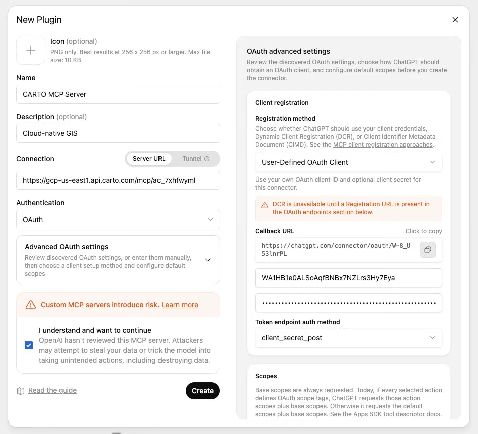 ChatGPT's custom MCP server settings configured for the CARTO MCP Server with a user-defined OAuth client